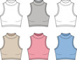 © Md - women’s high-neck sleeveless crop top vector fashion flat sketch set – mock neck tank design in multiple color options