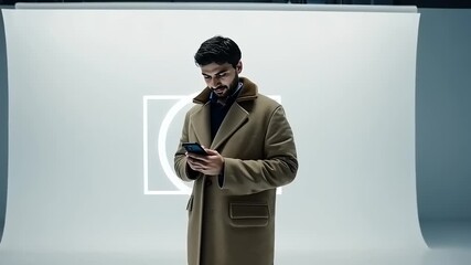 Man Using Smartphone in Studio Setting with Modern Design and Bright Light