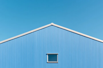 Poster - Architectural Geometry: Blue corrugated wall against a blue sky, topped with a simple, clean white roofline and a single window. Minimalist building design.