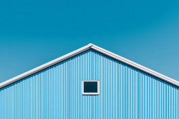 Poster - Minimalist shot of a blue building facade with a small window, against a clear blue sky. Simple, architectural and bright.