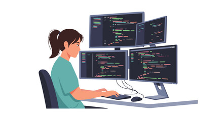 Female Software Engineer Working on Multiple Screens with Complex Code Displayed for Debugging and Testing Software Applications