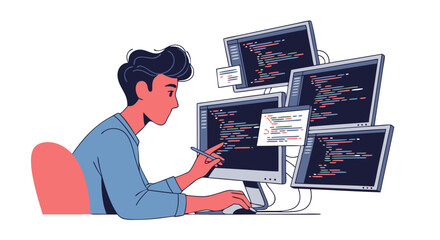 Focused programmer immersed in complex code debugging across multiple screens