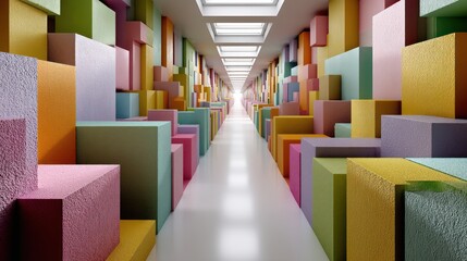 Colorful, textured blocks line a long hallway