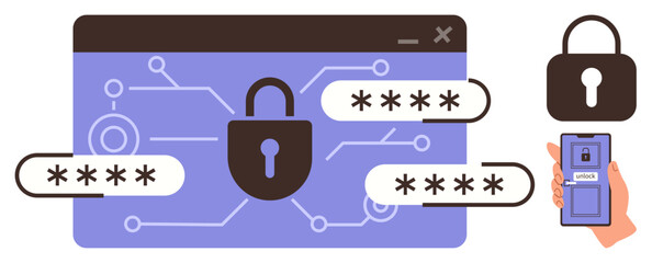 Poster - Padlock displaying password inputs, circuit design, and a smartphone with authentication app. Ideal for data security, password safety, encryption, cyber defense, online privacy, secure access