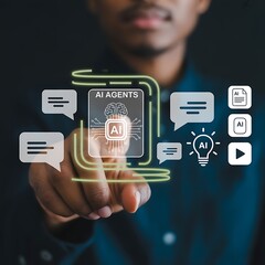 AI Agents Concept with Man Touching Futuristic Interface Showing AI Icons representing artificial intelligence and machine learning technologies for business automation
