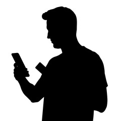 Silhouette of man using smartphone isolated on white background. Silhouette displays focused man, holding phone and card. Dramatic silhouette for financial service advertisements.