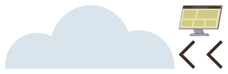 Poster - Large cloud shape connects to desktop monitor displaying a webpage, with angular brackets symbolizing coding. Ideal for technology, cloud storage, software development, web design, hosting