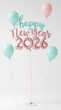 © Julija AI - Colorful balloons with the phrase Happy New Year 2026, featuring pastel shades of pink and blue, creating a festive atmosphere for celebration and joy