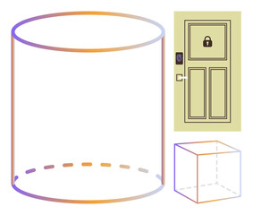 Poster - Transparent cylinder and cube next to a locked door emphasizing concepts of security, boundaries, privacy, and control. Ideal for cybersecurity, data protection, privacy policies, tech innovation