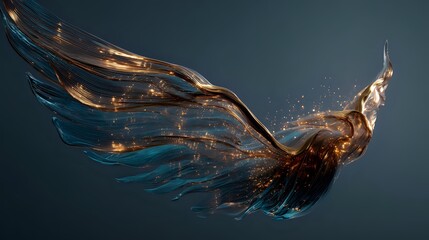 Wall Mural - luminous golden wings merging with ocean blue and copper hues in fluid motion on a matte dark grey s
