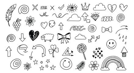 A collection of handdrawn doodle elements including clouds, a bow, and a clover, isolated on a white background doodle style icon set