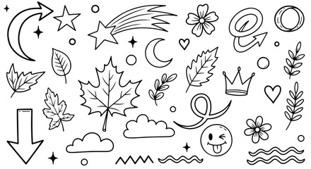 Collection of handdrawn celestial and nature doodles including stars, a moon, leaves, and clouds, isolated on white background doodle style icon set