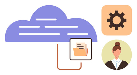 Poster - Cloud connected to file folder, user avatar, and gear for configuration. Ideal for cloud computing, data storage, file sharing, user management, teamwork, system settings simple flat metaphor