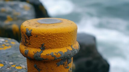 Wall Mural - yellow fire hydrant sitting on a rock near the ocean, ideal for beach or coastal-themed designs