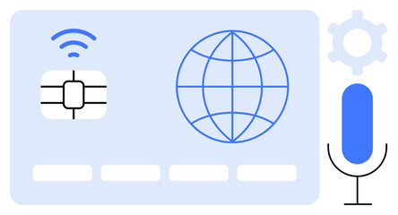 Poster - Payment card with chip, wireless signal, globe, microphone, gear. Ideal for payments, technology, communication connectivity innovation data security fintech. Flat simple metaphor
