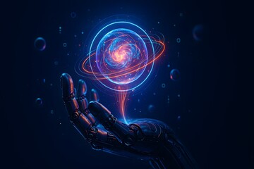 human hand holding glowing blue earth globe with world map surrounded by stars and space energy back