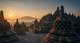 Sunrise at Borobudur Temple: Ancient Stupas and Misty Mountain Landscape Scenery