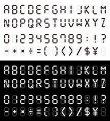 デジタル文字と数字。液晶モニターにアルファベット。時計の文字。黒の背景にデジタルのフォント。