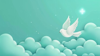 Wall Mural - A stunning illustration capturing Whit Monday, featuring a radiant cross amidst clouds and a soaring white dove above.