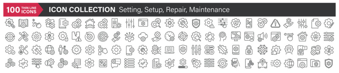 Big icons collection. Containing Setting, Setup, Repair, Maintenance. Thin line style series icon