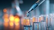 © VeloonaP - Precision laboratory experiment using pipette and test tubes with blue solution in biotech research Ideal for use in biotech, pharmaceutical, chemical research, or medical innovation content.