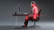 © Arfuu - Digital illustration of skeleton sitting at desk, highlighting areas of strain in red, emphasizes ergonomic issues in office work. transparent chair and desk add futuristic touch