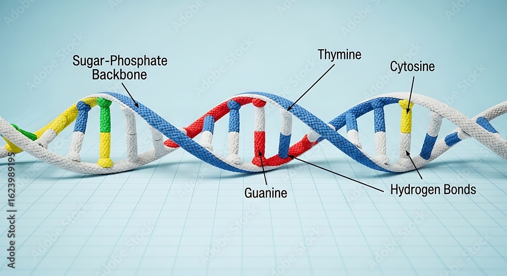 A detailed 3D illustration of a DNA double helix structure with labeled ...