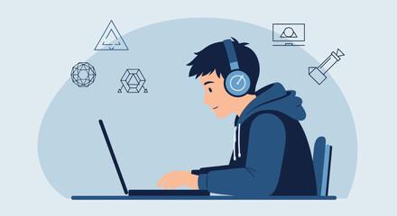 Young Designer Working On Laptop Creating 3D Models Wearing Headphones