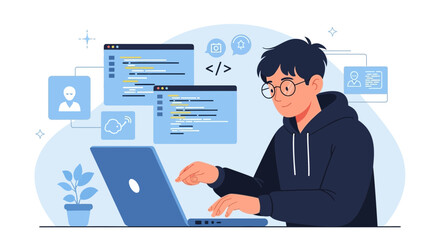 Young Developer Coding Modern Applications On His Laptop In A Comfortable Environment
