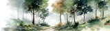 A serene watercolor painting of a sunlit forest path surrounded by lush green trees and soft foliage in a misty atmosphere.