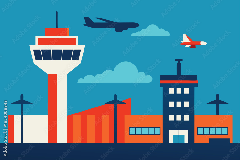 airport scene with terminals control tower and a (1).eps Stock Vector ...