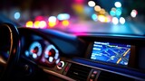 A car dashboard with a navigation system lit up at night, colorful city lights blurred through the windshield