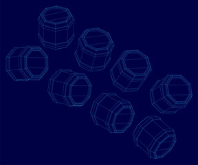 Poster - Hexagonal wireframe barrels arranged in a symmetrical pattern on a vibrant blue background. Each barrel features unique dimensions and clean white edges, creating striking contrast.