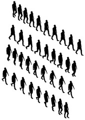 Poster - A group of men walking in single file as black silhouettes against a clean white background. The minimalist composition emphasizes movement and unity. Each figure is distinct yet connected.
