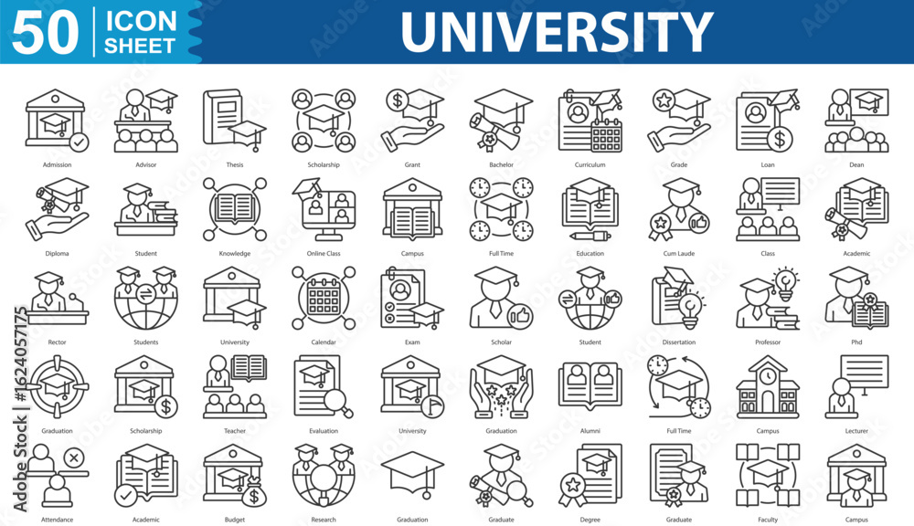 University Reputation Icon University icon set collection Concept With Icon Of admission, advisor ...