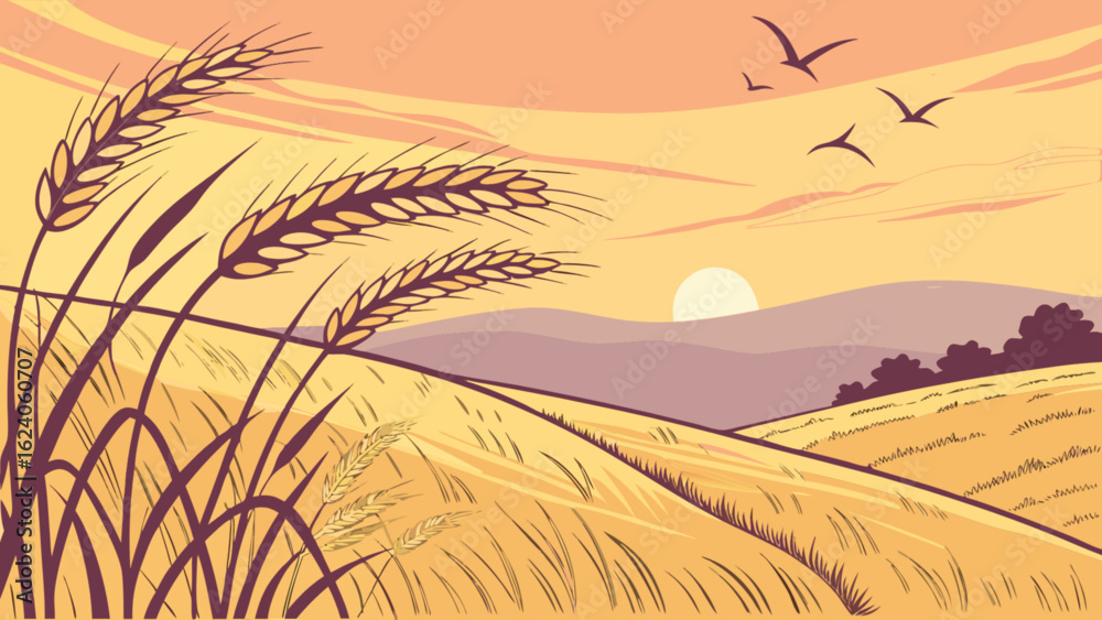 Illustration of a wheat field at sunset with birds flying in the sky ...