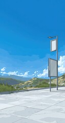 Wall Mural - Empty plaza, blank signs, clear sky, mountain view