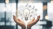 © ESHAL STUDIO - Hands Cupping a Floating Hand-Drawn Light Bulb Surrounded by Business and Idea Concept Sketches