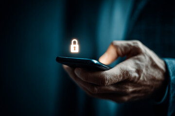 Person uses secure smartphone, glowing padlock represents privacy.  Digital safety concept for web design, technology marketing, mobile application design.