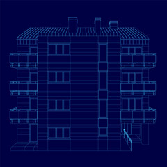 Aufkleber - Blueprint of a building displayed on a blue background, featuring detailed wireframe architecture with precise structural elements. The design highlights floor plans, dimensions.