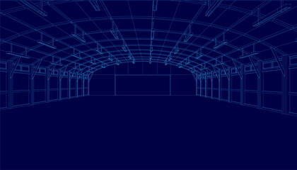 Poster - A detailed warehouse blueprint with a wireframe design showcases the interior layout on a blue background. The architectural plan highlights structural elements and spatial organization.
