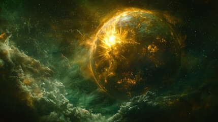 Wall Mural - Golden planet bathed in nebula light