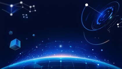Wall Mural - futuristic digital network connecting earth with glowing blue lines and abstract geometric shapes in
