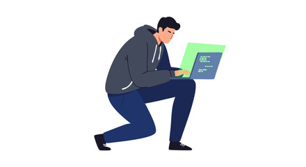 Focused coder working on a laptop, programming intently in a dynamic pose on clean background depicting modern tech engagement, coding illustration