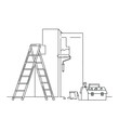 © Sipa - A clean line art illustration depicts home renovation tools, including a ladder, paint roller, and toolbox, set against a partially painted wall.