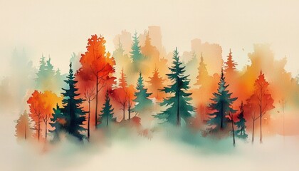 Vibrant Autumn Forest Landscape in Watercolor 