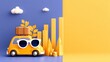 © hack - A yellow toy car with sunglasses carries a plant and suitcase, set against a blue and yellow background with clouds and bar graph elements.