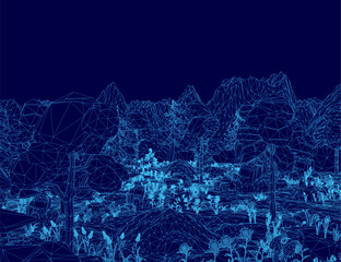 Poster - Low poly forest with wireframe trees arranged in a geometric pattern against distant mountains. The deep blue background creates a mysterious and ethereal atmosphere.