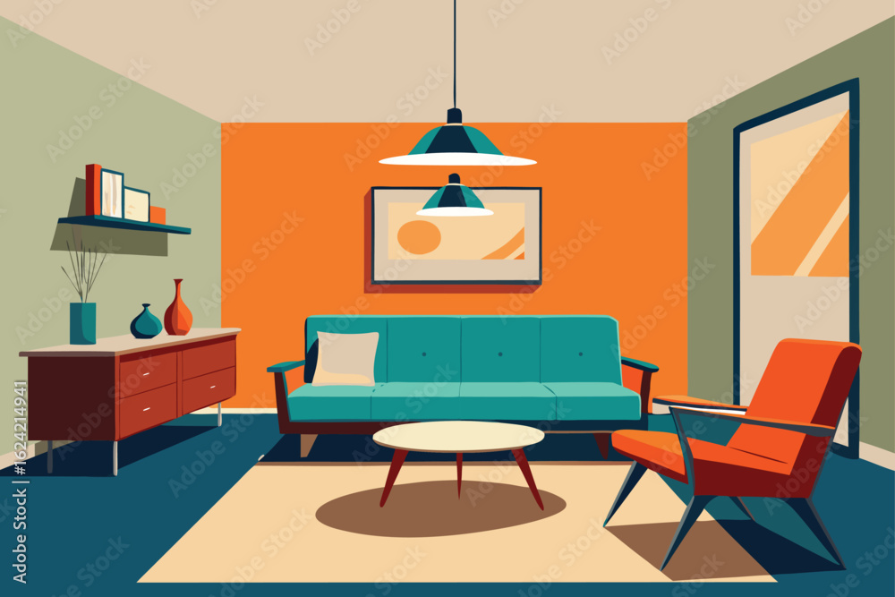 mid century modern living room vector .eps Stock Vector | Adobe Stock