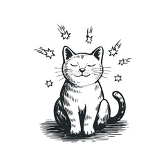 Wall Mural - Sitting Cat Sketch with Eyes Closed Surrounded by Shooting Stars